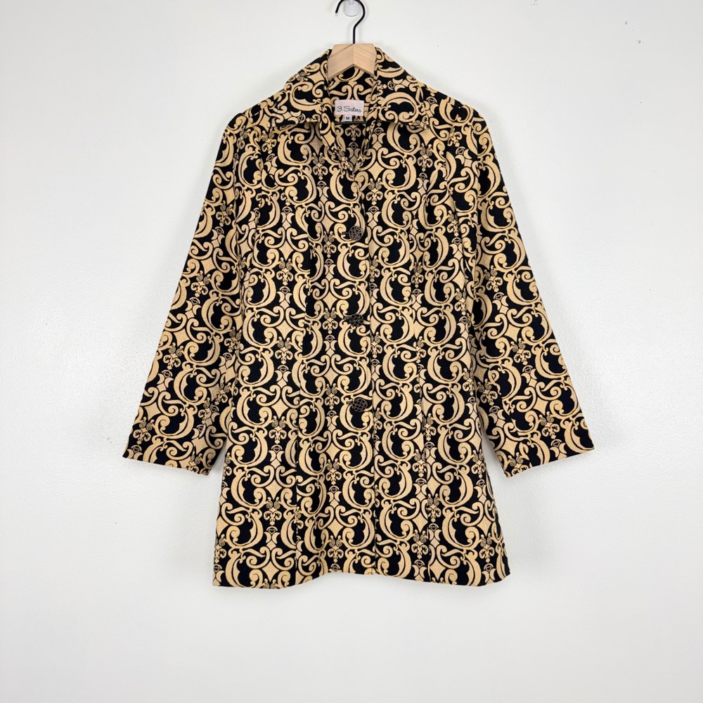 3 Sisters Damask Scroll Jacket Womens M Gold Black Baroque Button Up Jacquard